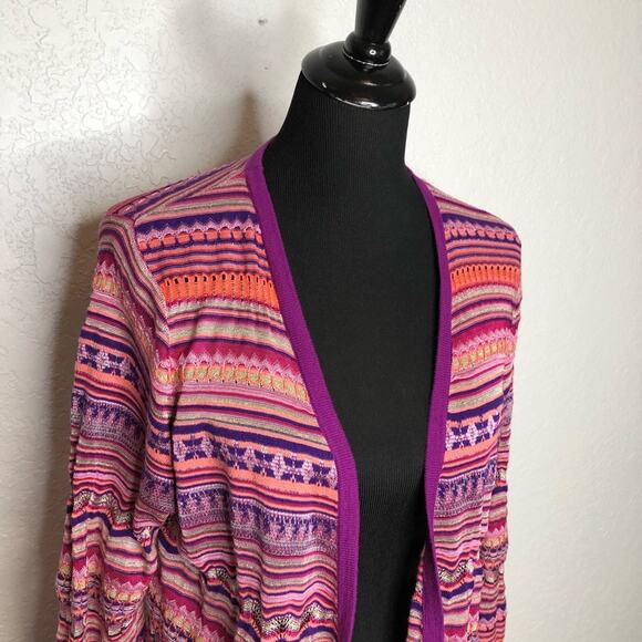 Chicos pink purple stripe crochet knit open front long cardigan size 2 or Medium - Picture 2 of 15